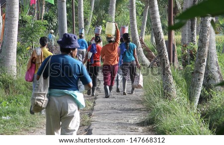 DENPASAR, INDONESIA - MAY 12:  A traditional scene of  local Balinese women walking a track through the rice fields during harvest season taken in Ubud, Denpasar, Bali, Indonesia on May 12, 2013.