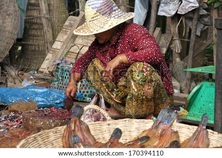 SIEM REAP, CAMBODIA - NOVEMBER 23: A Cambodian woman sitting cleaning fish with her feet covered in fish scales at a local market near Siem Reap, Cambodia on the 23rd November, 2013.