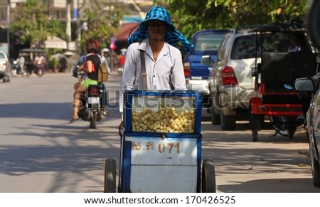 SIEM REAP, CAMBODIA - NOVEMBER 27: A Cambodian street food vendor in Siem Reap, Cambodia on the 27th November, 2013.