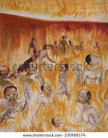 LUANG PRABANG, LAOS - AUGUST 16: Paintings of the cycle of life and the consequences of bad behaviour in the next life on the walls of a Buddhist temple in Luang Prabang, Laos on the 16th August 2014