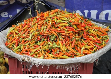 A dish of chilies for sale at the local food market place in Vientiane, Laos.