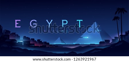 Futuristic landscape with views of the pyramids and the city. Egypt illustration