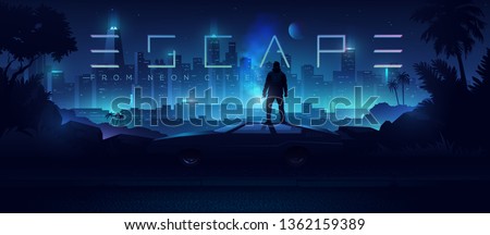 Futuristic cyberpunk illustration. Neon city background. Сar on the background of the shining metropolis