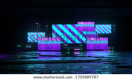 Futuristic modern background with screens, wet floor, wires and electronic devices created in the style of cyber punk. 3D rendering illustration.