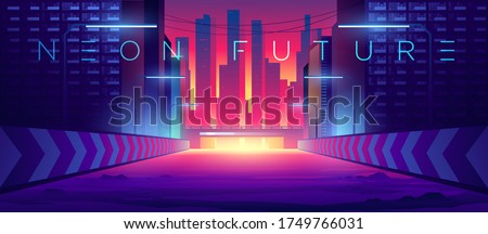 Futuristic city. Cityscape on a bright background with glowing neon lights. Wide highway front view. Cyberpunk and retro wave style illustration.