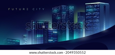 Futuristic night city. Cityscape on a colorful background with bright and glowing neon lights. Wide city front perspective view. Cyberpunk and retro wave style illustration.