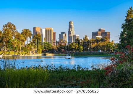 City skyline of Los Angeles downtown in California during sunset from Echo Lake Park.