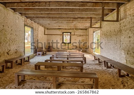 JACKSONVILLE, FLORIDA - JANUARY 18, 2015 : Interior of the Kingsley Plantation Barn built from a mix of sand, lime, and water. Hdr processed.