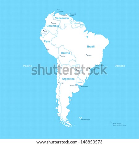 Isometric South America Map on a grid with country boarders, country names and metropolitan areas, capitals in white on blue background. Great use for financial, political content.