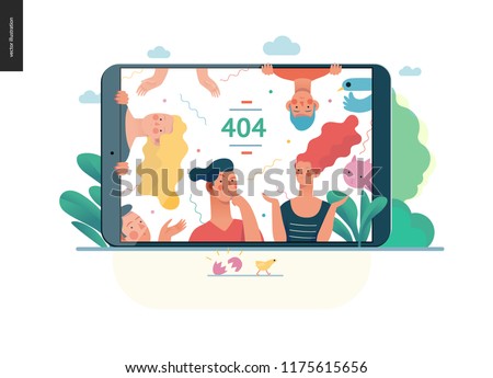 error 404 -modern flat vector concept illustration of page Error 404 - puzzled people on the tablet screen. Page not found metaphor Creative landing page design template