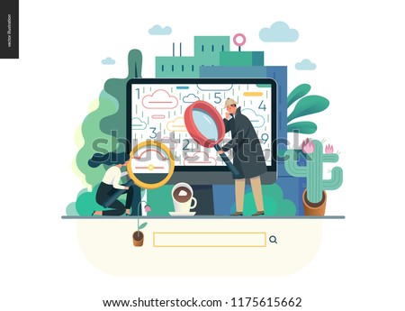 search page - modern flat vector illustration concept of digital data research on computer. Information researching interaction process Creative landing page design template