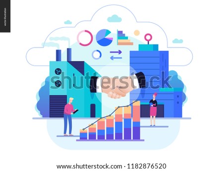 Business series, color 2 - b2b. business to business - modern flat vector illustration concept of b2b - a factory and a corporate buildings shaking their hands. Creative landing page design template