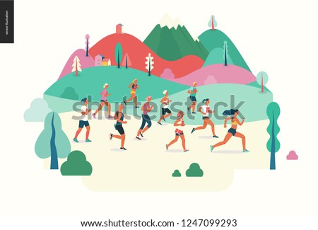 Marathon race group - flat modern vector concept illustration of running men and women wearing sportswer in landscape. Marathon race, 5k run, sprint. Creative landing page design template, web banner