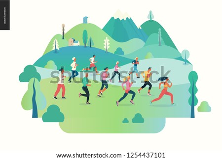 Marathon race group - flat modern vector concept illustration of running men and women wearing sportswer in landscape. Marathon race, 5k run, sprint. Creative landing page design template, web banner