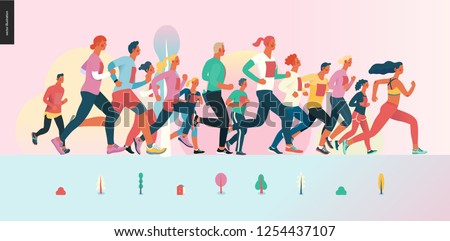 Marathon race group - flat modern vector concept illustration of running men and women wearing winter sportswer. Marathon race, 5k run, sprint. Creative landing page design template, web banner