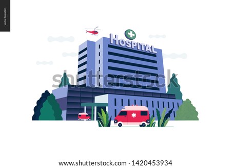 Medical insurance - hospital facilities and services - modern flat vector concept digital illustration - a hospital building with an ambulance car and a helicopter above, medical office or laboratory