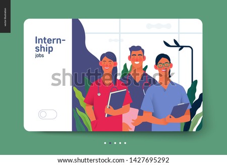 Medical insurance -medical internship jobs -modern flat vector concept digital illustration - young medical specialists standing together, team of interns concept, medical office or laboratory