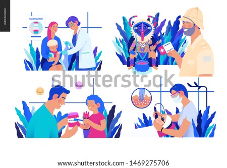 Set of medical insurance illustration- childhood immunization, medical assistance all over the world, dermatology, cosmetology, pediatric dentistry - modern flat vector concept digital illustrations