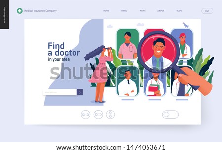 Find a doctor -medical insurance template -modern flat vector concept digital illustration - a hand with a magnifying glass, a woman with binocular, doctors portraits - a doctor searching metaphor