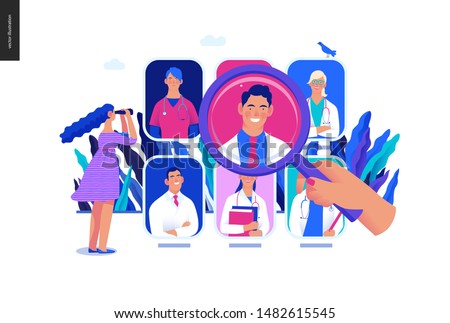 Find a doctor -medical insurance illustration -modern flat vector concept digital illustration - a hand with a magnifying glass, a woman with binocular, doctors portraits - a doctor searching metaphor