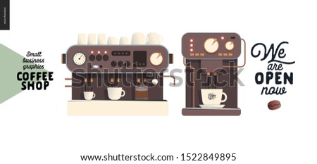 Coffee shop - small business illustrations - coffee machines - modern flat vector concept illustration of two coffee makers with cups and sign We are open mow - constructor set