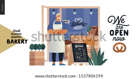 Bakery -small business illustrations -bakery owner -modern flat vector concept illustration of a baker wearing apron in front of the shop facade, pavement sign - blackboard with offering