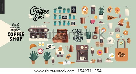 Coffee shop -small business illustrations -constructor set - modern flat vector concept illustration of various coffee cups and mugs, interior decoration, logo, pastry, coffee maker- constructor set