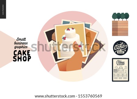 Cake shop, cakes on demand - small business graphics - menu icon -modern flat vector concept illustrations - a round badge with a stack of photos of cakes, tarts, cupcakes. Cake shop details