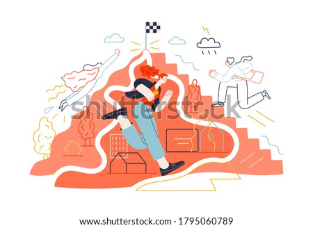 Business topics - career. Flat style modern outlined vector concept illustration. People climbing the mountain. Climbing up the career ladder process. Business metaphor.