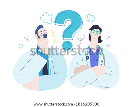 Medical insurance template -second opinion on a matter -modern flat vector concept digital illustration of two doctors and a question mark, second medical opinion metaphor, medical insurance plan