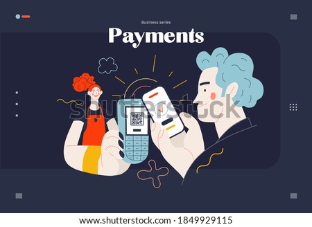 Business topics -payment, web template, header. Flat style modern outlined vector concept illustration. Waitress holding pos-terminal. A customer paying with phone, scanning QR code. Business metaphor