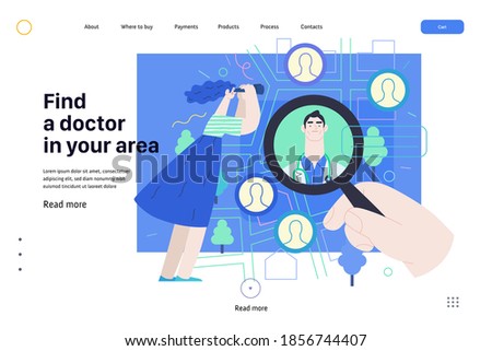 Find a doctor -medical insurance web page template -modern flat vector concept digital illustration -hand with a magnifying glass, woman with binocular, doctors portraits - a doctor searching metaphor