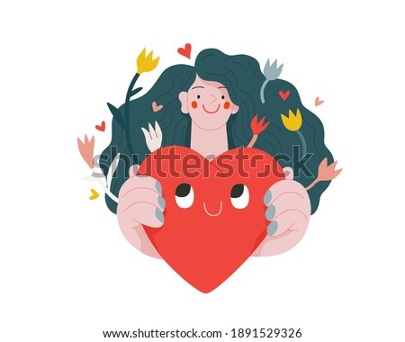 Woman giving a heart - Valentines day graphics. Modern flat vector concept illustration - a young woman holding the big heart. Hearts and flowers. Cute characters in love concept