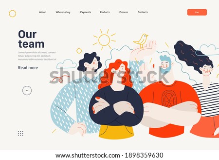 Business topics - crew, our team - web template, header. Flat style modern outlined vector concept illustration. Group of people, creaw, standing together. Business metaphor.