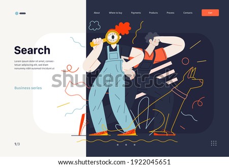 Business topics -search, web template, header. Flat style modern outlined vector concept illustration. Young man looking forward and a woman with magnifying glass looking through it. Business metaphor