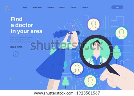 Find a doctor -medical insurance web page template -modern flat vector concept digital illustration -hand with a magnifying glass, woman with binocular, doctors portraits - a doctor searching metaphor