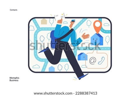 Memphis business illustration. Contacts -modern flat vector concept illustration of a postman running with a letter, tablet screen, map, location bubble, email, phone Commerce business sales metaphor.