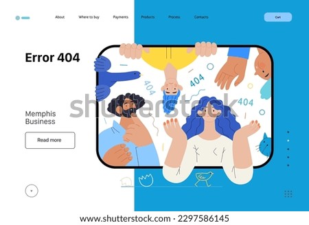 Memphis business illustration. Error 404 -modern flat vector concept illustration of page Error 404 - puzzled people on the tablet screen. Page not found metaphor. Corporate business sales concept