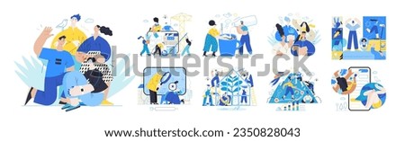 Memphis business illustration, company - modern outlined flat vector concept illustrations set, corporate Corporate Memphis style business metaphor