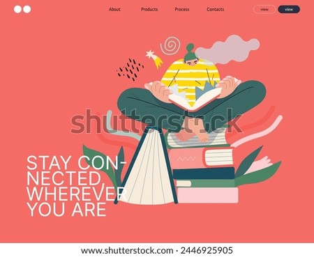 Life Unframed: Book universe -modern flat vector concept illustration of a reader on stack of books. Metaphor of unpredictability, imagination, whimsy, cycle of existence, play, growth and discovery