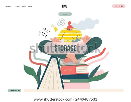 Life Unframed: Book universe -modern flat vector concept illustration of a reader on stack of books. Metaphor of unpredictability, imagination, whimsy, cycle of existence, play, growth and discovery