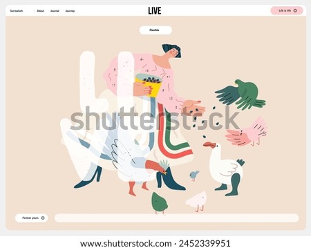 Life Unframed: Birds -modern flat vector concept illustration of a woman feeding birds. Metaphor of unpredictability, imagination, whimsy, cycle of existence, play, growth and discovery