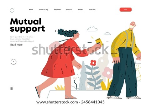 Mutual Support: Picking Up the Dropped Item -modern flat vector concept illustration of a woman who picked up a wallet lost by an elderly man Metaphor of voluntary, collaborative exchanges of services