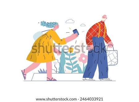 Mutual Support: Picking Up the Dropped Item -modern flat vector concept illustration of a woman who picked up a wallet lost by an elderly man Metaphor of voluntary, collaborative exchanges of services