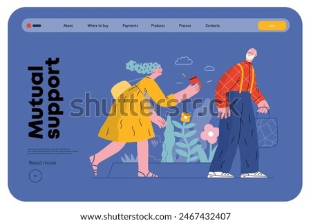 Mutual Support: Picking Up the Dropped Item -modern flat vector concept illustration of a woman who picked up a wallet lost by an elderly man Metaphor of voluntary, collaborative exchanges of services