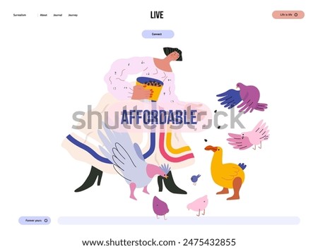 Life Unframed: Birds -modern flat vector concept illustration of a woman feeding birds. Metaphor of unpredictability, imagination, whimsy, cycle of existence, play, growth and discovery