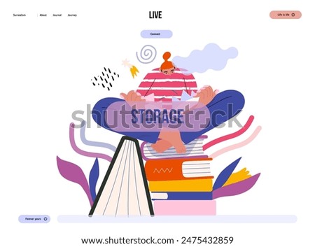 Life Unframed: Book universe -modern flat vector concept illustration of a reader on stack of books. Metaphor of unpredictability, imagination, whimsy, cycle of existence, play, growth and discovery