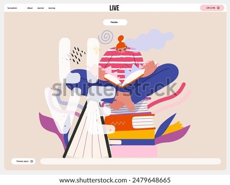 Life Unframed: Book universe -modern flat vector concept illustration of a reader on stack of books. Metaphor of unpredictability, imagination, whimsy, cycle of existence, play, growth and discovery