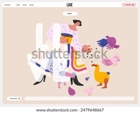 Life Unframed: Birds -modern flat vector concept illustration of a woman feeding birds. Metaphor of unpredictability, imagination, whimsy, cycle of existence, play, growth and discovery