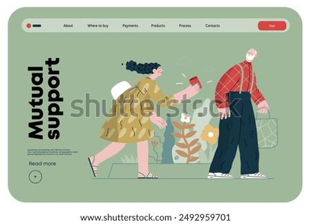 Mutual Support: Picking Up the Dropped Item -modern flat vector concept illustration of a woman who picked up a wallet lost by an elderly man Metaphor of voluntary, collaborative exchanges of services